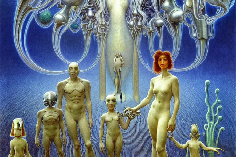 Image similar to realistic extremely detailed portrait painting family photo, futuristic sci-fi landscape with a statue on background by Jean Delville, Amano, Yves Tanguy, Alphonse Mucha, Ernst Haeckel, Edward Robert Hughes, Roger Dean, rich moody colours, silver hair and beard, blue eyes