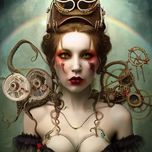 Prompt: photorealistic soft paint of a curiosities carnival, single young beautiful doll in a full steampunk corset, multiples very long tentacles ground, symmetry accurate features, ominous depths, elegance, focus, rainbow lighting, very high details, award winning masterpiece, behance, by tom bagshaw