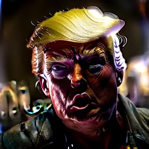 Image similar to donald trump as zombie in the walking dead. movie still. cinematic lighting