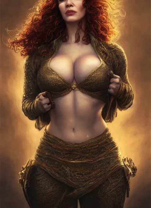 Image similar to Christina Hendricks as a ruggedly handsome hero staring into the camera, extreme muscles, six-pack, golden hour, intricate, elegant, highly detailed, centered, digital painting, artstation, concept art, smooth, sharp focus, illustration, artgerm, donato giancola, Joseph Christian Leyendecker, WLOP, Boris Vallejo, Artgerm