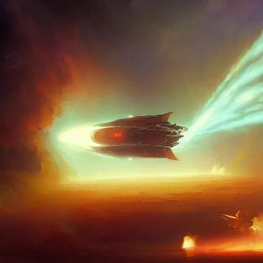 Image similar to ''cinematic shot of an spaceship being hit by a rocket and has to evacuate from the ship made by ivan aivazovsky, peter mohrbacher, greg rutkowski volumetric light effect broad light oil painting painting fantasy art style sci - fi art style realism premium prints available artwork unreal engine