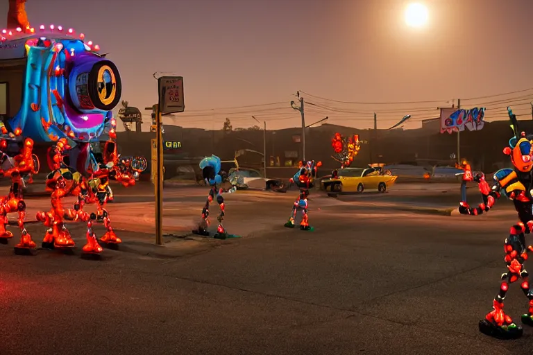 Image similar to 2 0 clowns - robots leaving a clowncar at a california drive in, in 2 0 1 2, cutecore clowncore, bathed in the the glow of the sunset, low - light photograph, in style of tyler mitchell