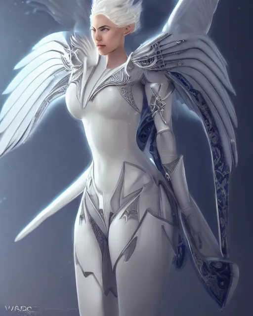 Image similar to perfect white haired egyptian goddess wearing white dove wings, warframe armor, regal, attractive, ornate, sultry, beautiful, charlize theron, half asian, pretty face, blue eyes, detailed, scifi platform, 4 k, ultra realistic, volumetric lighting, illuminated, cinematic, masterpiece, art by akihito tsukushi, voidstar