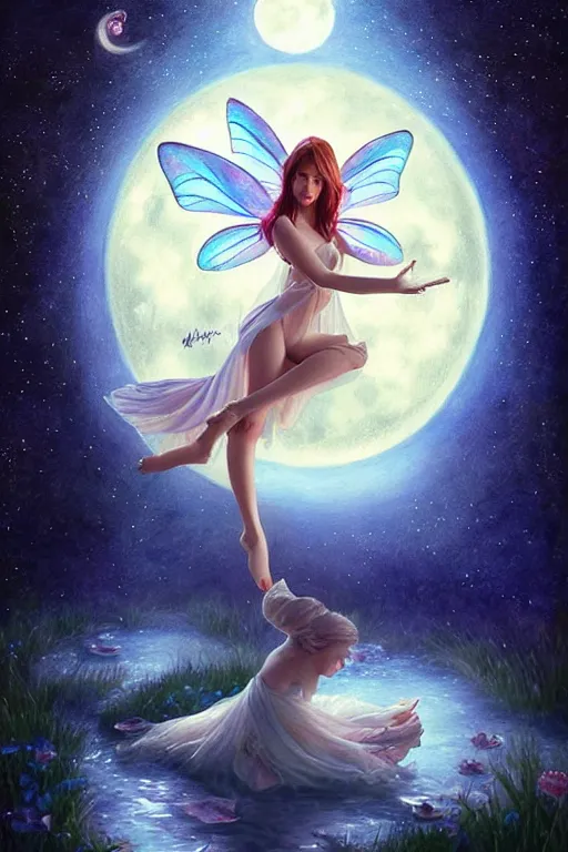 Image similar to attractive fairy magically floating high in the night, fantasy, full moon in background. highly detailed painting by artgerm, mid shot, 8 k