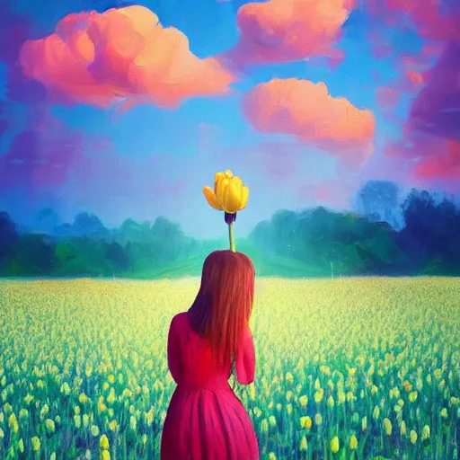 Prompt: girl with a giant tulip head, surreal photography, flower field, sunset dramatic light, impressionist painting, colorful clouds, blue sky, digital painting, artstation, simon stalenhag