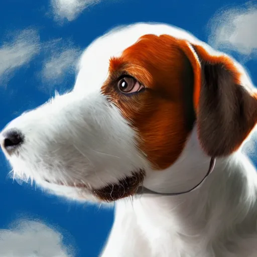 Image similar to white jack russell terrier, flying in space in a helmet, photorealism, digital painting, 4 k