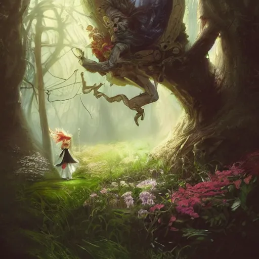 Prompt: close up portrait of alice in wonderland, magical forest, dramatic lighting, high detail, painted, by greg rutkowski, painted by stanley artgerm, trending on artstation