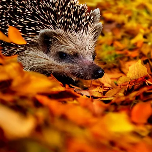Image similar to hedgehog in the style of tom chambers, warm colours, autumn colours, cinematic lighting, front profile