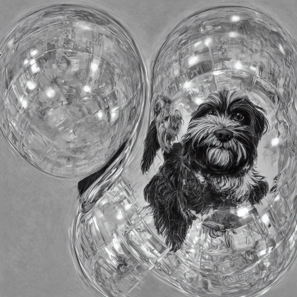 Image similar to full length portrait of a havanese dog reflected in a chrome sphere, ultra wide 1 0 mm, by m c escher pen and paper