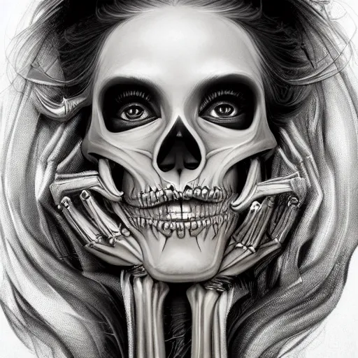 Image similar to a photograpic portrait of a anthropomorphic skeleton wearing black clothes, silver hair, fantasy, intricate, elegant, highly detailed, digital painting, artstation, concept art, smooth, sharp focus, illustration, art by artgerm and H R Giger and alphonse mucha