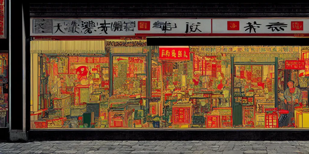 Image similar to a shop window in hong kong, by dan mumford and peter doig and edward hopper, minimal, black in, thick lines highly detailed, muted colours, overlaid with chinese adverts, 8 k