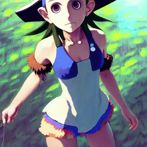 Image similar to beautiful boyish natalie portman gravure model in majora's mask, wearing wooden mask and baseball cap and leotard, street wear with subtle mayan patterns, aztec bathing suit, gapmoe yandere grimdark, trending on pixiv fanbox, painted by greg rutkowski makoto shinkai takashi takeuchi studio ghibli, akihiko yoshida