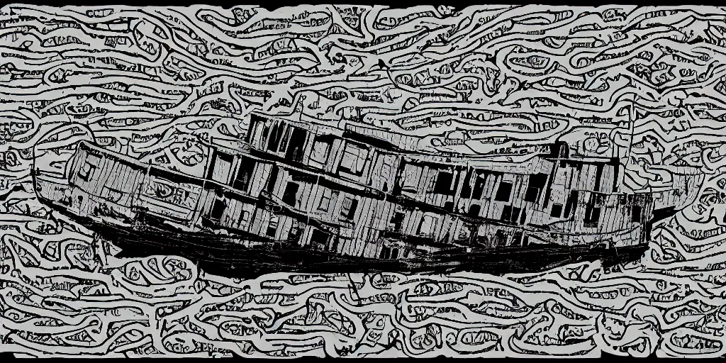 Image similar to an abandoned ship in the aral sea, in the style of daniel johnston and outsider art, 8 k, line brush, overlaid with chinese adverts