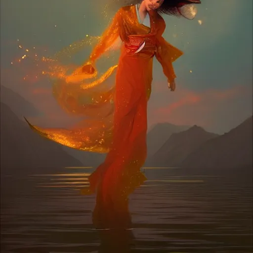 Image similar to semi semi realistic digital painting!! portrait of beautiful geisha flying over a lake filed with molten gold, volume lighting, concept art, by greg rutkowski, dramatic, xray melting colors!!