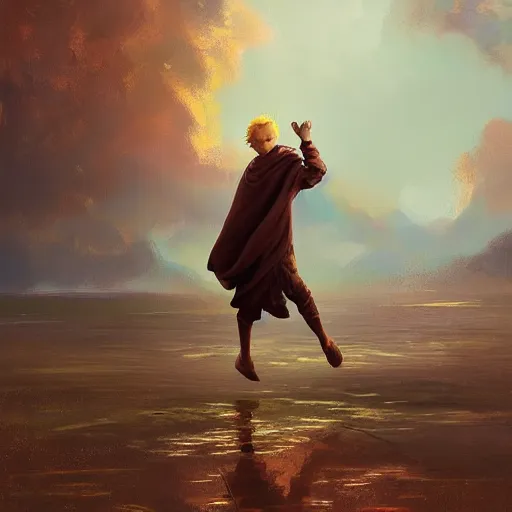 Image similar to blonde boy with golden eyes wearing a brown cape and flying in t pose, energy background, brush strokes, greg rutkowski, oil painting