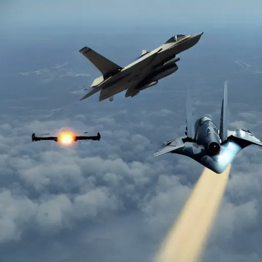 Image similar to a ufo and a jet fighter in aerial combat