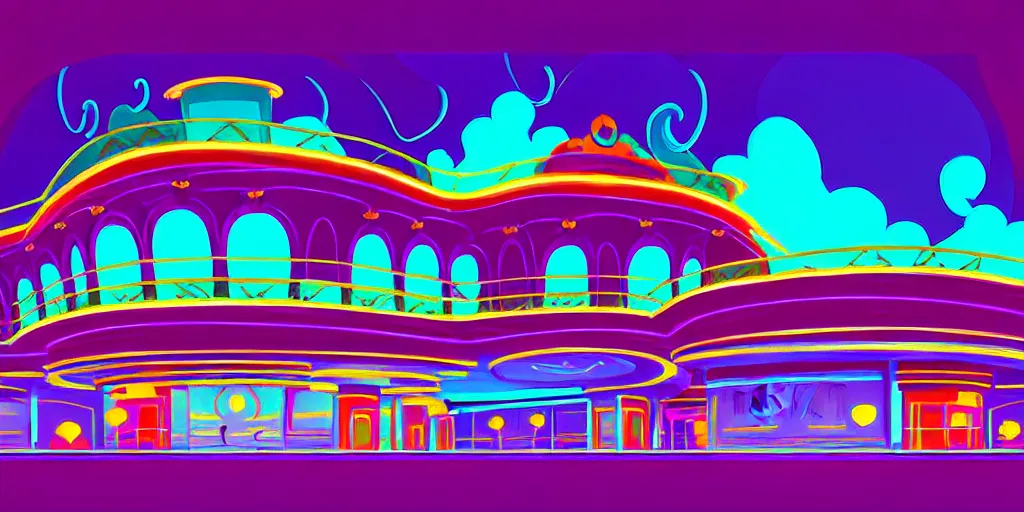 Image similar to curly perspective digital art of minimalistic indoor top floor of a casino with a balcony to the ground floor by anton fadeev from ( nightmare before christmas )!!!!!!!!!!