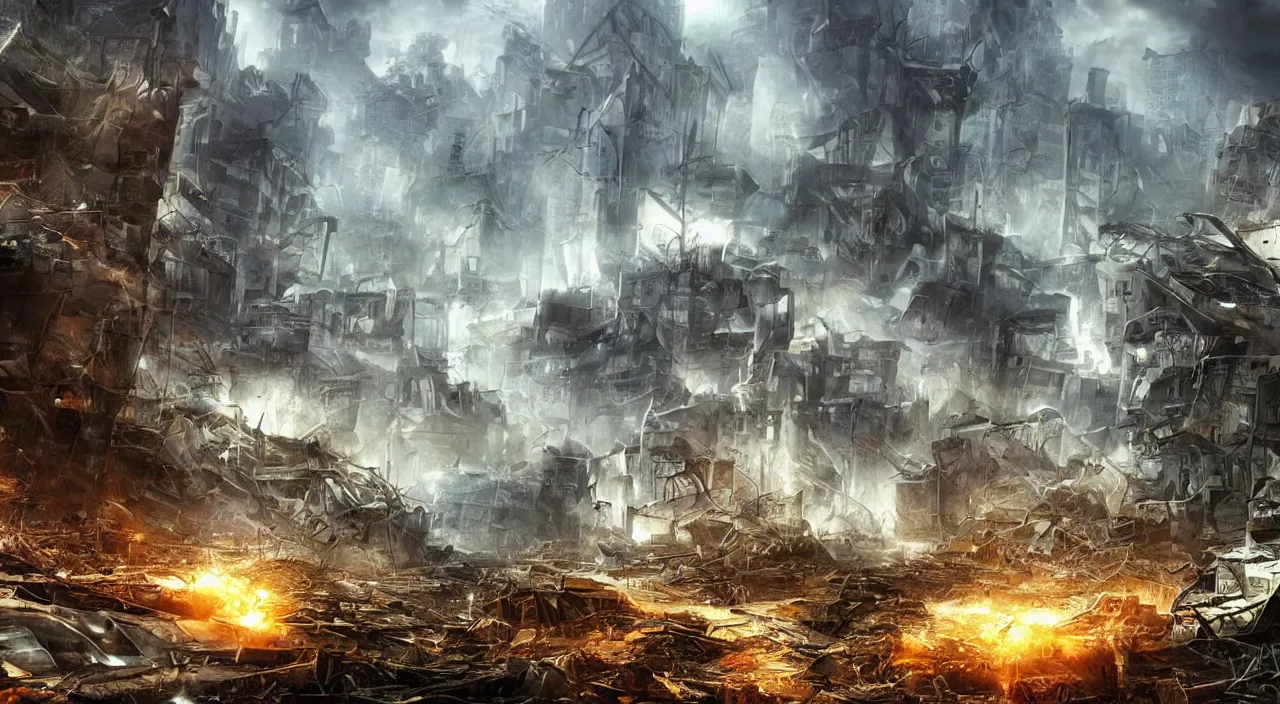 Image similar to damaged city, high - tech, concept art, forest, tornado, war,, high resolution, evil