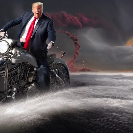 Image similar to trump riding a atom bomb into a hurricane, trending on artstation, photorealistic, high resolution, octane, unreal engine, weta digital, e,