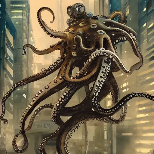 Image similar to Octopus playing R&R drum kit, cyberpunk, realistic, detailed, Industrial Scifi, paint, watercolor, in the style of Ashley Wood and Wadim Kashin