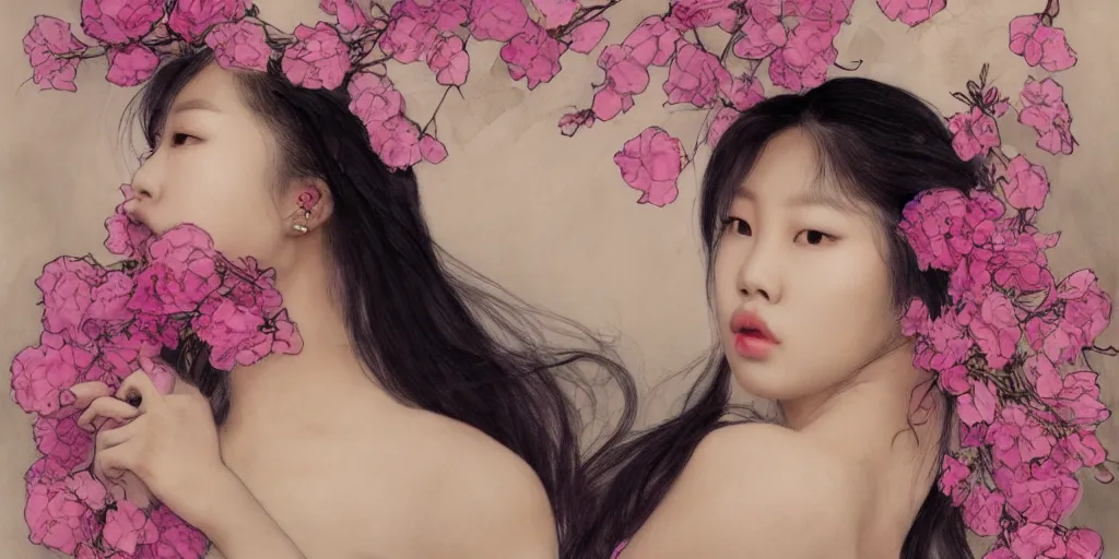 Image similar to a portrait of a very seductive Jennie Kim Blackpink, hair full of flowers, photoillustration, realistic, closeup, facing the camera, dramatic lighting, in the style of WLOP and Alphonse Mucha and Kim Deuk-sin