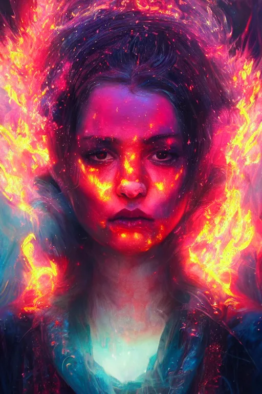 Prompt: a beautiful portrait of a cilestial women engulfed in deep colourful flames with an intense look on her face by Greg Rutkowski, Sung Choi, Mitchell Mohrhauser, Maciej Kuciara, Johnson Ting, Maxim Verehin, Peter Konig, Bloodborne , 8k photorealistic, cinematic lighting, HD, high details, atmospheric , trending on artstation