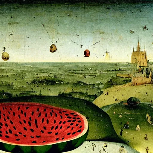 Prompt: A painting of a levitating giant watermelon, sliced in half, with a medieval town on it, above a sea of clouds by Hieronymus Bosch