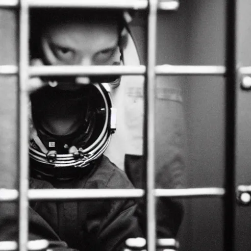 Image similar to photograph of an astronaut in handcuffs inside a jail cell