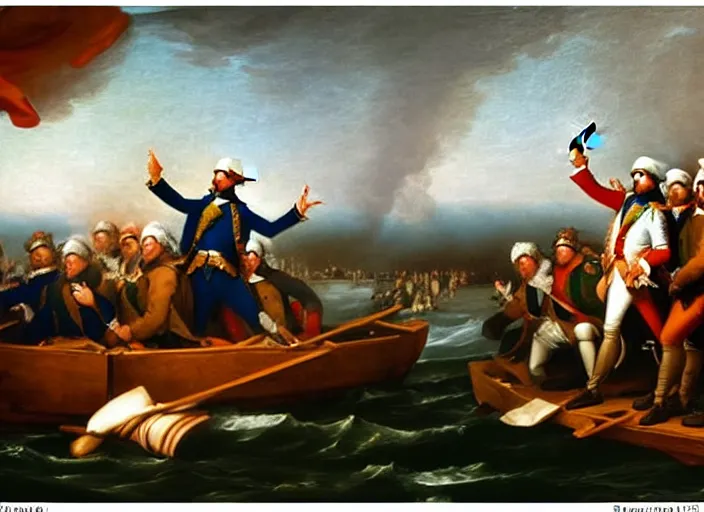 Image similar to oil painting of Washington Crossing the Delaware but Washington is taking a selfie with an iPhone