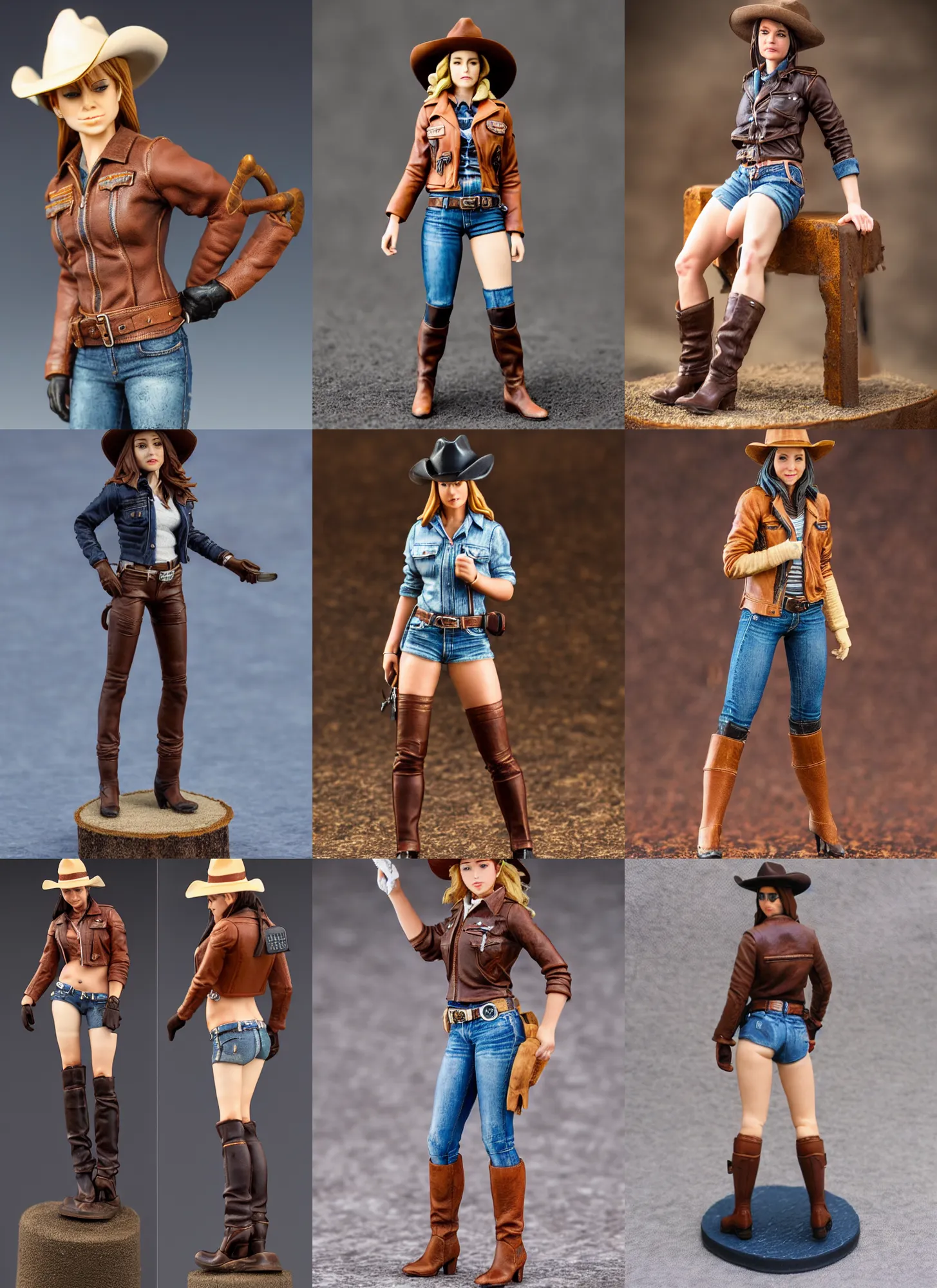 Prompt: 80mm resin detailed miniature of a cow girl, Short brown leather jacket, denim hot-pants, thigh skin, ten-gallon hat, on textured base; Product Introduction Photos, 4K, Full body