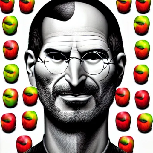 Image similar to face made of many small apples and fruit, steve jobs, highly detailed, illustration, intricate portrait design, diffuse lighting, aesthetic, trending on artstation
