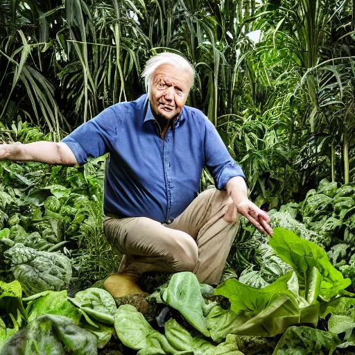 Image similar to David Attenborough looking at a piece of lettuce in the jungle, still, photograph, sharp focus