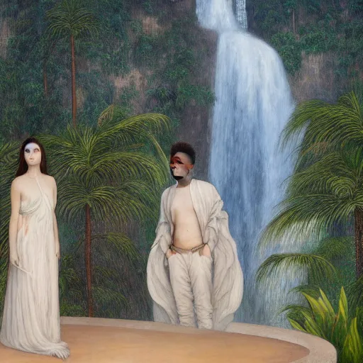 Image similar to a ultradetailed beautiful painting of lorde, frank ocean, the weeknd and lana del rey standing in front of the diamonds waterfall in the amazonas palace balustrade designed by jules bastien - lepage, tarsila do amaral, frank weston and gustave baumann, beach, trending on artstation, mediterranean, palm trees, sharp focus, soft light, 8 k 4 k