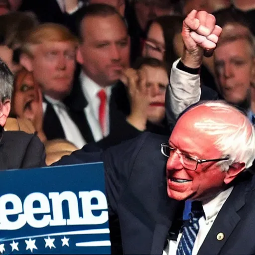 Prompt: A detailed picture of Bernie Sanders punching Donald Trump in the face on the side of a mountain