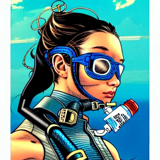 Image similar to a tarot card design of a female diver with a oxygen mask intricate detailed mask with front profile by MARVEL comics and Sandra Chevrier