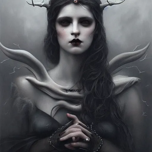Prompt: By Tom Bagshaw, ultra realist soft painting of zynoid curiosities by night, very beautiful single female gothic fully dressed, horns, symmetry accurate features, very intricate details, ominous sky, black and white, volumetric light clouds