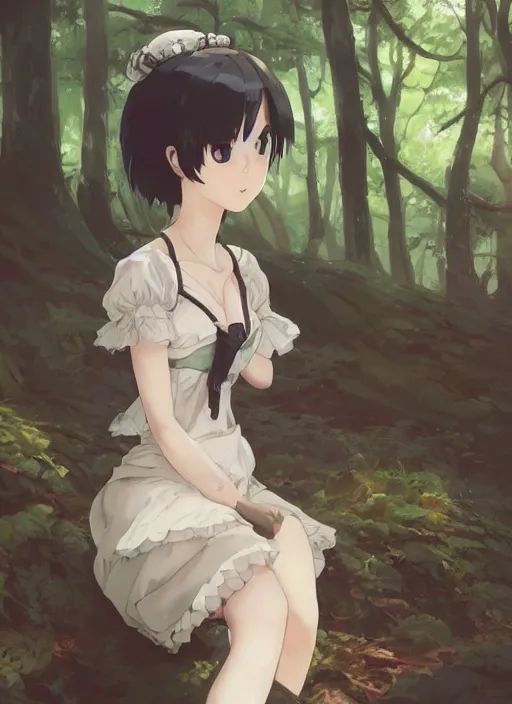 Image similar to a close up of a victorian maid with black bob hairstyle sitting in a forest. cute anime eyes. by makoto shinkai, stanley artgerm lau, wlop, rossdraws, james jean, andrei riabovitchev, marc simonetti, krenz cushart, sakimichan, trending on artstation, digital art.