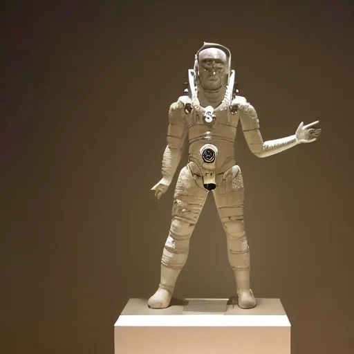 Image similar to futuristic ancient astronaut arrived through a portal, welcoming the humanity, ancient statue in museum