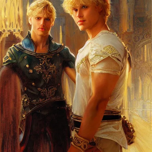 Image similar to attractive male, blond hair, arthur pendragon confesses his love to attractive male, dark hair, merlin. highly detailed painting by gaston bussiere, craig mullins, j. c. leyendecker 8 k