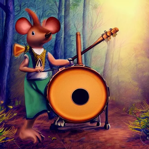 Image similar to mouse with drum, musician dress, fantasy forrest background, digital art, close up