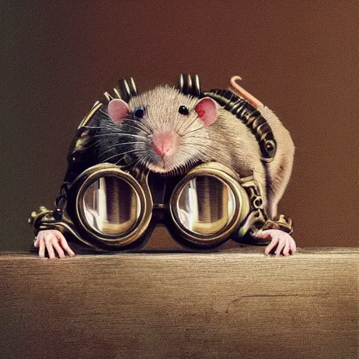 Image similar to a rat with steampunk googles, by gregory crewdson