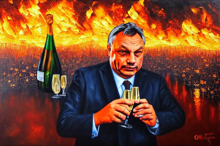 Image similar to viktor orban drinking champagne in front a burning city, highly detailed eyes, oil painting