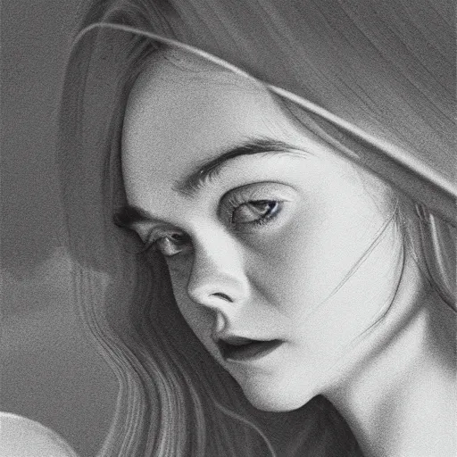 Image similar to Elle Fanning in Santorini at night, head and shoulders portrait, stormy weather, extremely detailed masterpiece, Roger Deakin’s cinematography, illustration, by Edward Hopper,