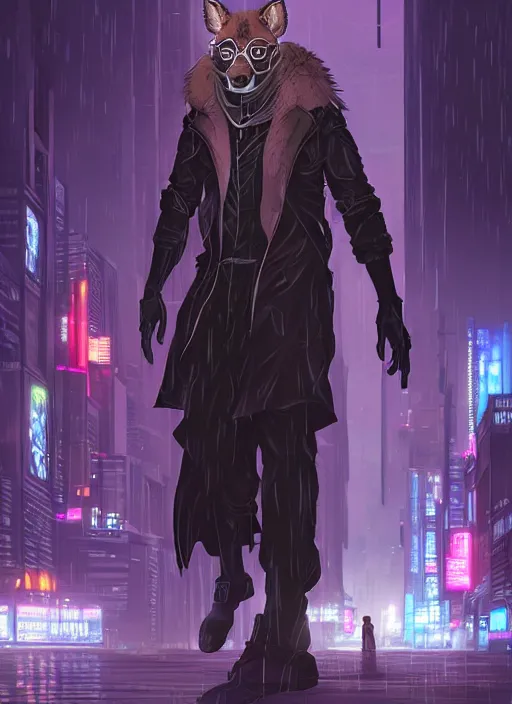 Prompt: beautiful portrait commission of a male furry anthro hyena fursona wearing cyberpunk jedi robes in a cyberpunk city at night in the rain. character design by charlie bowater, ross tran, artgerm, and makoto shinkai, detailed, inked, western comic book art