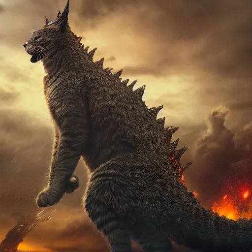 Prompt: a giant cat standing on hind legs destroying city, style of godzilla, low angle, realistic, 8 k