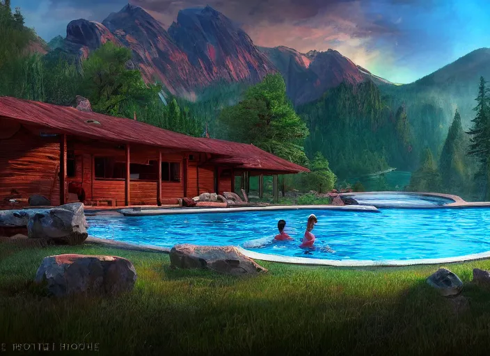 Image similar to tone hut with a swimming pool, mountain landscape, red background, beautiful landscape, dramatic lighting, cinematic, extremly high detail, photorealistic, cinematic lighting, post processed, concept art, artstation, matte painting, style by greg rutkowsky