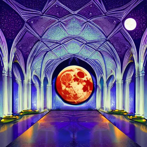 Image similar to large gothic hall with a large moon on the ceiling, cyberspace, soft light, art station, detailed, colorful, symmetrical