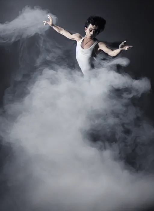 Prompt: a photorealistic dramatic hyperrealistic render of a glamorous beautiful elvis presley by ken brower and deborah ory of nyc dance project, lois greenfield, flowing cloth and smoke, beautiful dynamic dramatic dark moody lighting, volumetric, shadows, cinematic atmosphere, octane render, 8 k