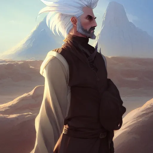 Image similar to a man with stylish white hair,an unusual beard and yellow eyes walking in a desert,character design by charlie bowater, ross tran, artgerm, and makoto shinkai, detailed, inked, western comic book art, 2021 award winning painting,digital art,art by greg rutkowski,photorealistic,highly detailed,hyperdetailed,hyperrealistoc,detailed face,surreal,fantasy,real life