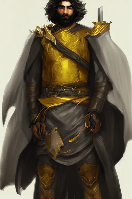 Image similar to Arab man light beard, curly hair, swordsman, modern, hero, yellow and charcoal leather, character concept art, costume design, trending on artstation, Artgerm , WLOP